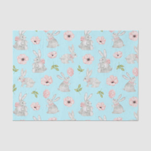 Cute Easter Bunnies and Spring Flowers Blue  Tissue Paper