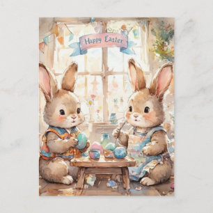 Cute Easter Bunnies Colouring Eggs  Holiday Postcard