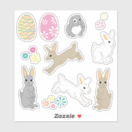 Cute Easter bunnies, decorated eggs and flowers