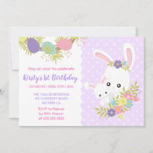 Cute Easter Bunnies Eggs Flowers Birthday Party In Invitation