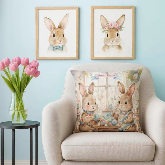 Cute Easter Bunnies & Eggs  Throw Pillow (Whimsical Easter pillow—perfect spring gift for bunny lovers, decorators, and cozy home vibes.)