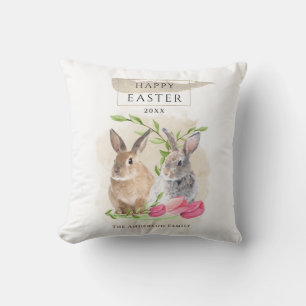 Cute Easter Bunnies   Happy Easter Watercolor Art Throw Pillow