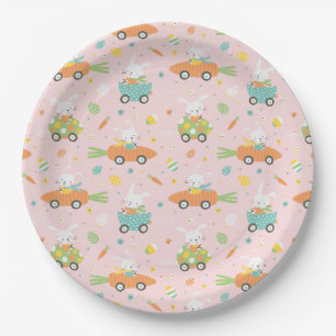 Cute Easter bunnies in carrot and egg cars pink Paper Plate