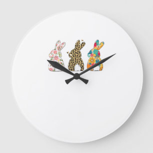 Cute Easter Bunnies Leopard Bunny and Flower Bunni Large Clock