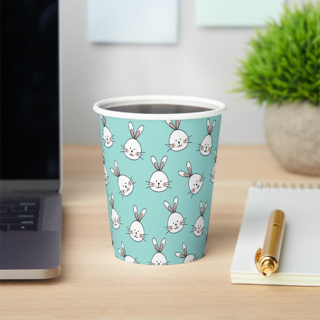 Cute Easter Bunnies on Light Teal Paper Cups (Insitu)