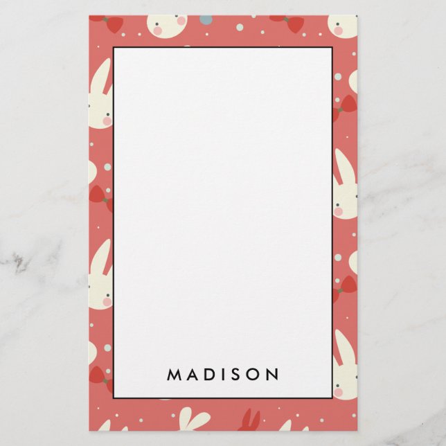 Cute easter bunnies on red background pattern stationery (Front)