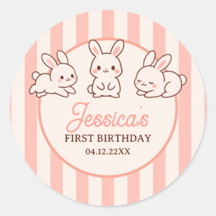 Cute Easter Bunnies Pink Girl 1st Birthday Party Classic Round Sticker