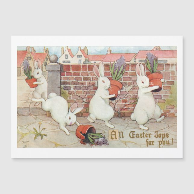 Cute Easter Bunnies Stealing Potted Hyacinths (Front)