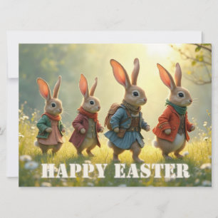 Cute Easter Bunnies Walking in Spring Meadow