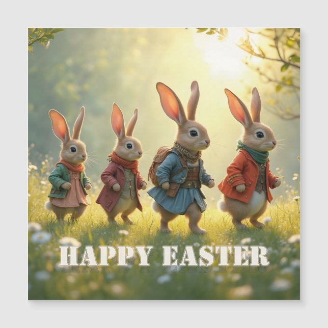 Cute Easter Bunnies Walking in Spring Meadow (Front)