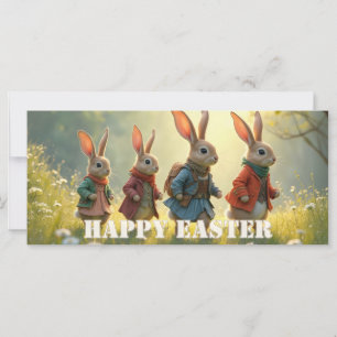 Cute Easter Bunnies Walking in Spring Meadow
