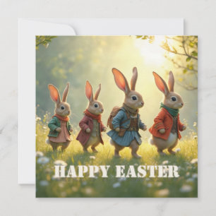 Cute Easter Bunnies Walking in Spring Meadow Card