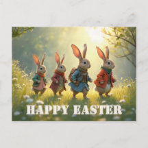 Cute Easter Bunnies Walking in Spring Meadow