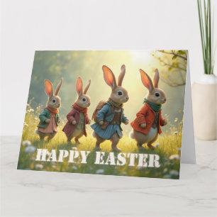 Cute Easter Bunnies Walking in Spring Meadow Thank You Card