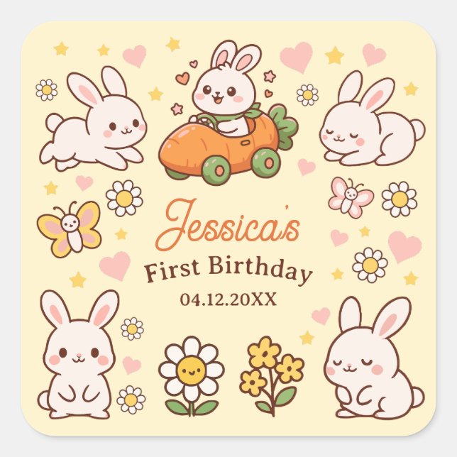 Cute Easter Bunnies Whimsical 1st Birthday Party Square Sticker (Front)