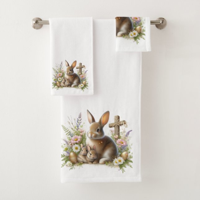 Cute Easter Bunnies, Wildflowers and a Cross  Bath Towel Set (Insitu)