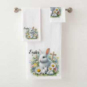 Cute Easter Bunnies, Wildflowers and a Cross Bath Towel Set