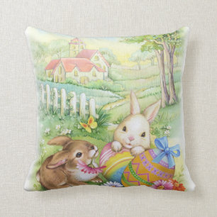 Cute Easter bunnies with eggs and church Throw Pillow