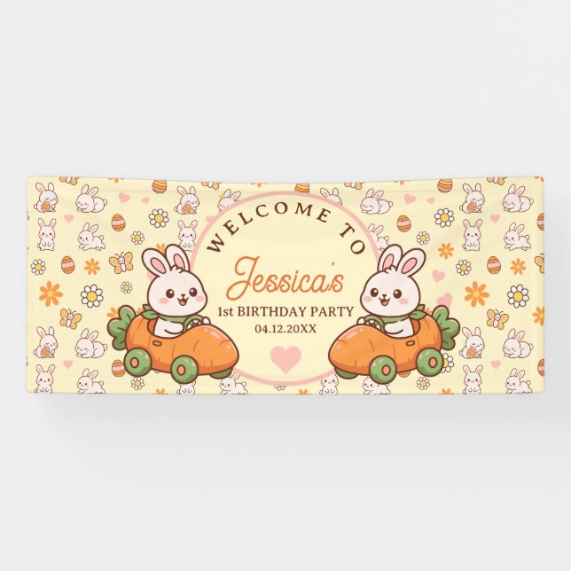 Cute Easter Bunny 1st Birthday Party Welcome Banner (Horizontal)
