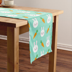 Cute easter bunny and carrots on aqua pattern short table runner