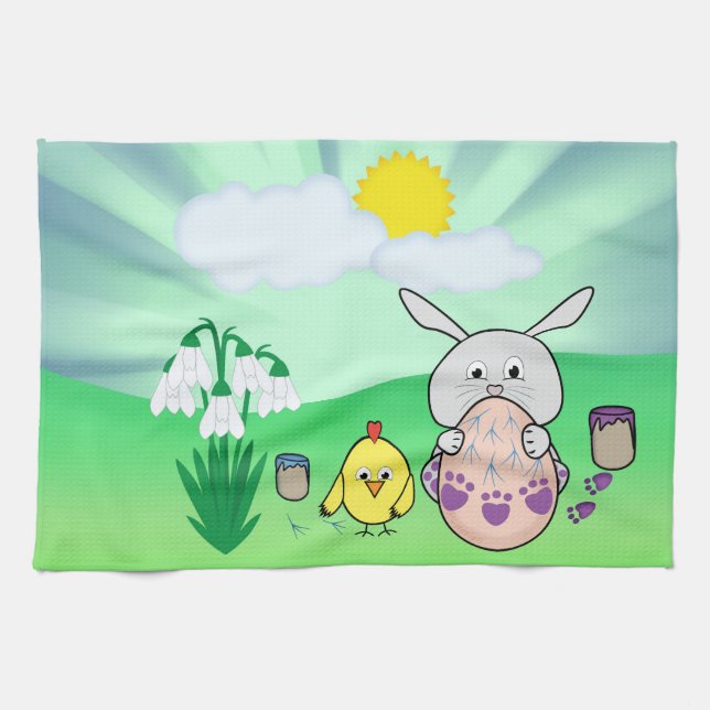 Cute Easter Bunny and chick Colouring Easter Egg Kitchen Towel (Horizontal)