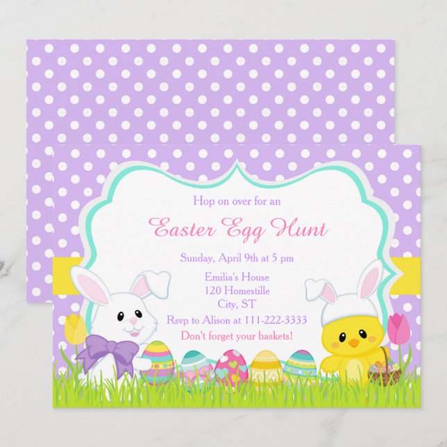 Cute Easter Bunny and Chick Easter Egg Hunt Invitation (Front/Back)