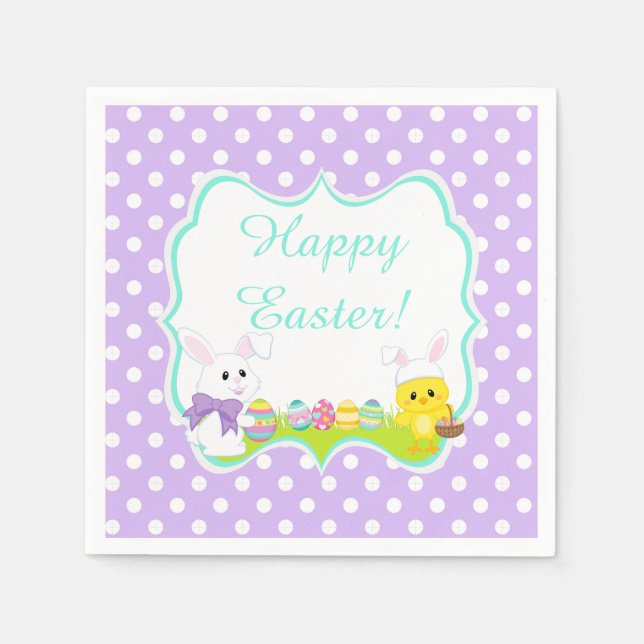 Cute Easter Bunny and Chick Easter Egg Hunt Napkin (Front)