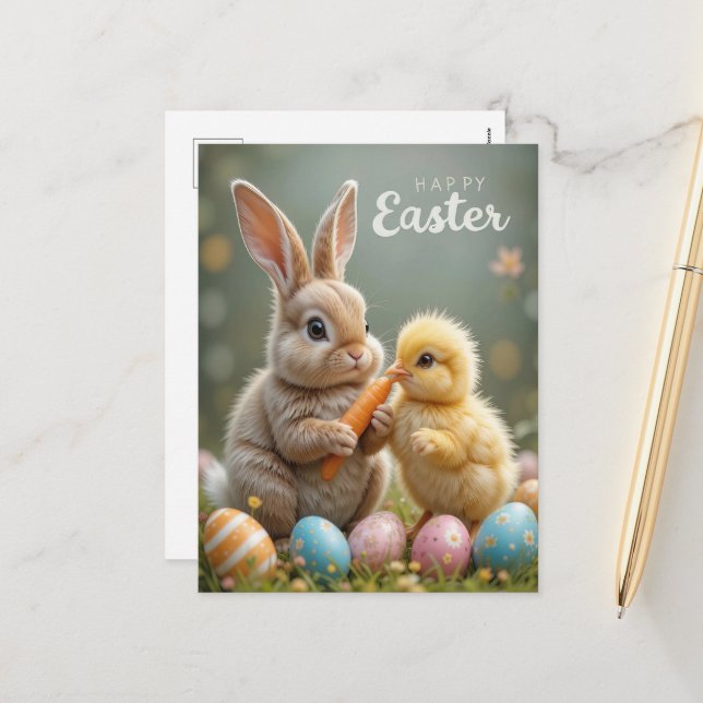 Cute Easter Bunny and Chick  Holiday Postcard (Front/Back In Situ)