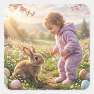 Cute Easter Bunny and Child Square Sticker