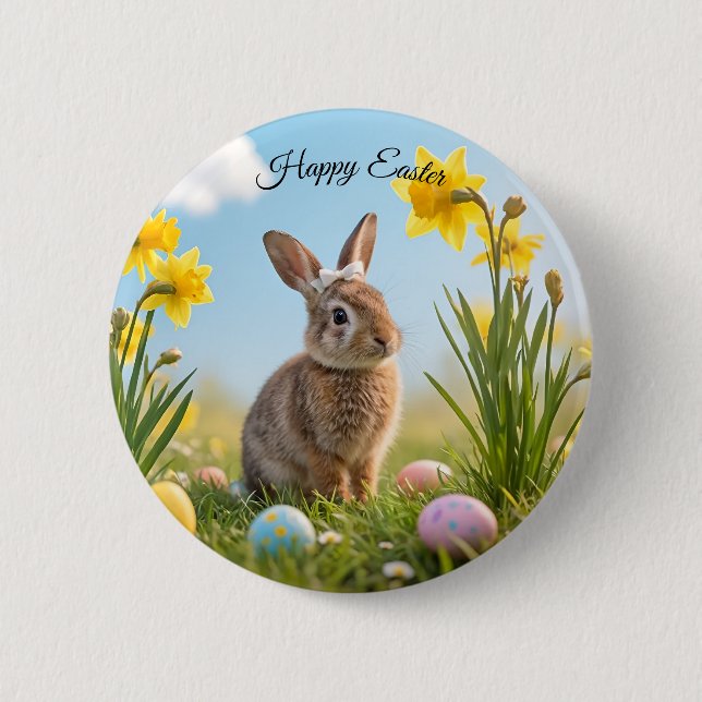 Cute Easter Bunny and Daffodil  2 Inch Round Button (Front)