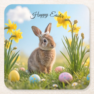 Cute Easter Bunny and Daffodil  Square Paper Coaster