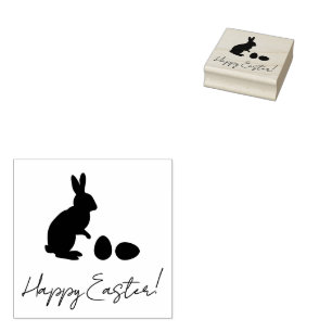 Cute Easter Bunny And Eggs Happy Easter Text Rubber Stamp