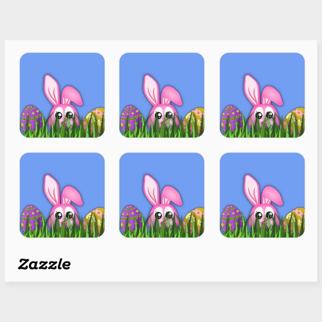 Cute Easter Bunny and Eggs in Grass Square Sticker (Sheet)