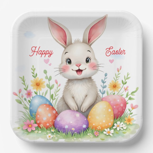 Cute Easter Bunny And Eggs Modern Collection Paper Plate (Front)