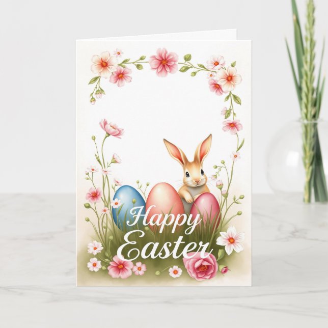 Cute Easter Bunny and Eggs Spring Holiday Wishes Card (Front)