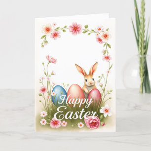 Cute Easter Bunny and Eggs Spring Holiday Wishes Card