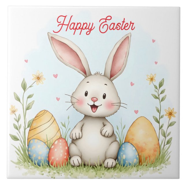 Cute Easter Bunny And Eggs Trendy Collection Tile (Front)
