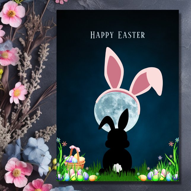 Cute Easter Bunny and Full Moon Happy Easter Card (Front - Cute Easter Bunny and Full Moon Happy Easter Card)