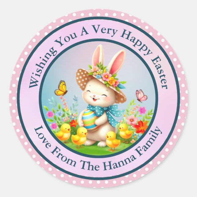 Cute Easter Bunny and Happy Spring Flowers Holiday Classic Round Sticker (Front)