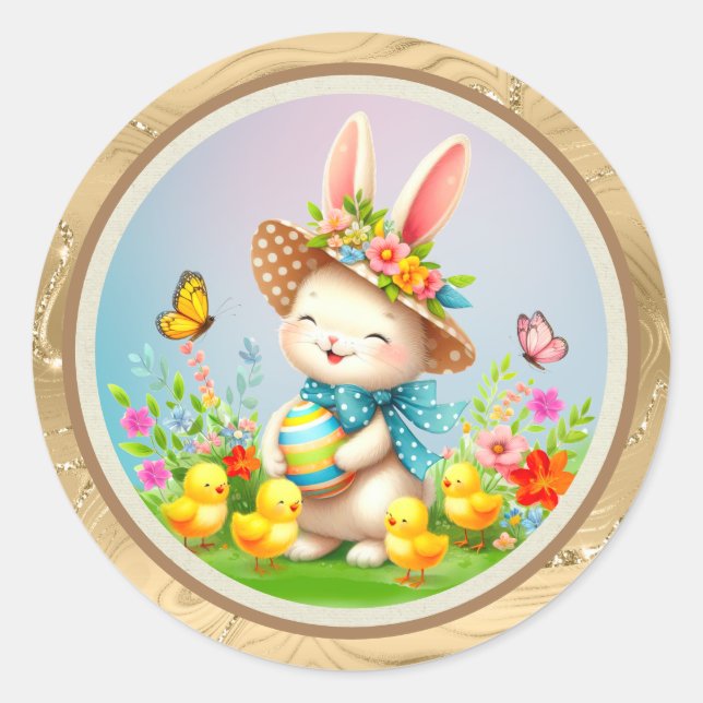 Cute Easter Bunny and Happy Spring Flowers Holiday Classic Round Sticker (Front)