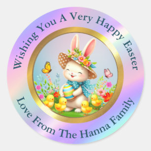 Cute Easter Bunny and Happy Spring Flowers Holiday Classic Round Sticker