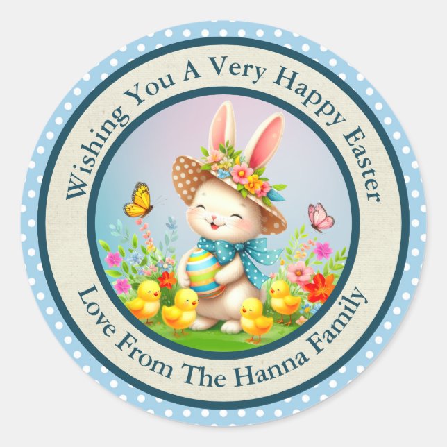 Cute Easter Bunny and Happy Spring Flowers Holiday Classic Round Sticker (Front)
