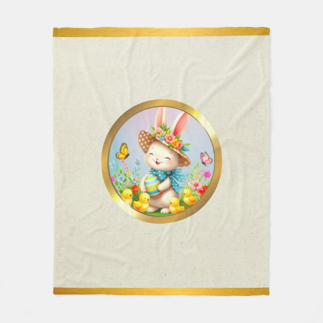Cute Easter Bunny and Happy Spring Flowers Holiday Fleece Blanket (Front)