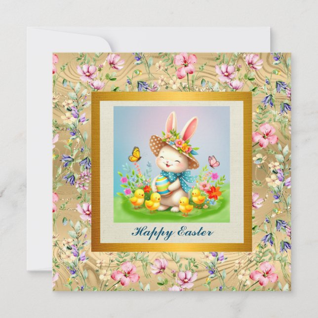 Cute Easter Bunny and Happy Spring Flowers Holiday Invitation (Front)