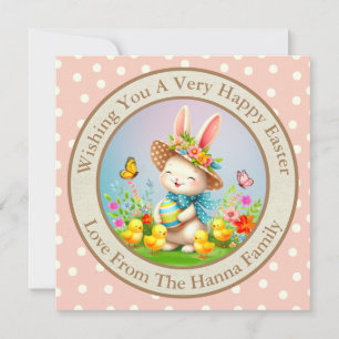 Cute Easter Bunny and Happy Spring Flowers Holiday Invitation