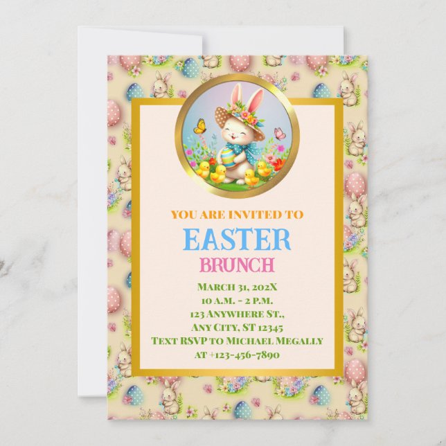 Cute Easter Bunny and Happy Spring Flowers Holiday Invitation (Front)