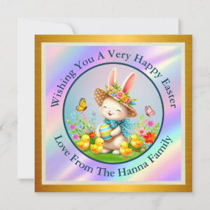 Cute Easter Bunny and Happy Spring Flowers Holiday Invitation