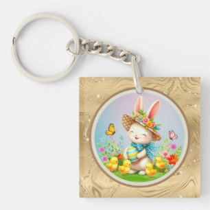 Cute Easter Bunny and Happy Spring Flowers Holiday Keychain