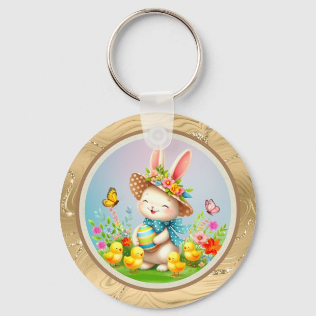Cute Easter Bunny and Happy Spring Flowers Holiday Keychain (Front)