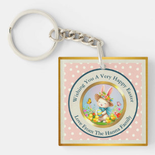 Cute Easter Bunny and Happy Spring Flowers Holiday Keychain